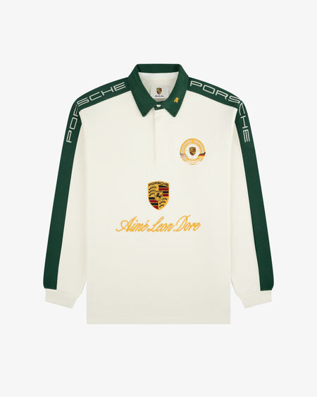 Camiseta Aimé Leon Dore x Porsche Crest Rugby "Pristine" Verde/Branco