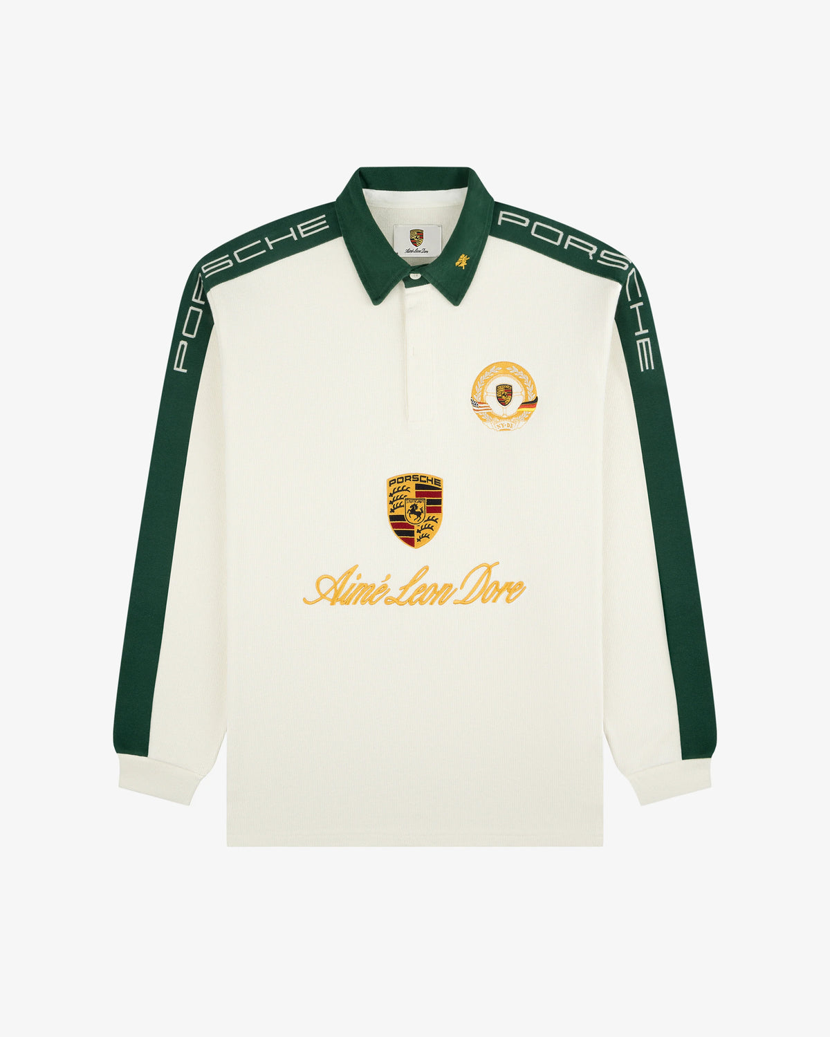 Camiseta Aimé Leon Dore x Porsche Crest Rugby "Pristine" Verde/Branco