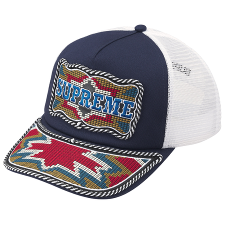Boné Supreme SS26 "Western Embroidered Mesh Back 5-Panel" Azul Marinho