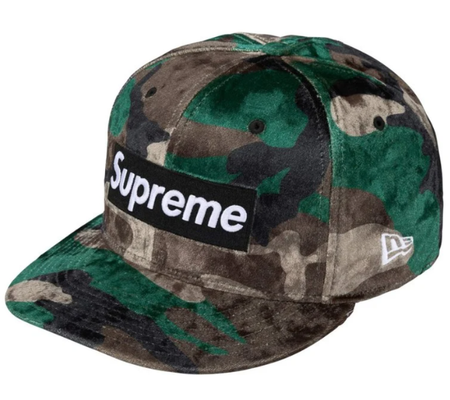 Boné Supreme FW26 x New Era "Crushed Velvet Box Logo" Camuflado