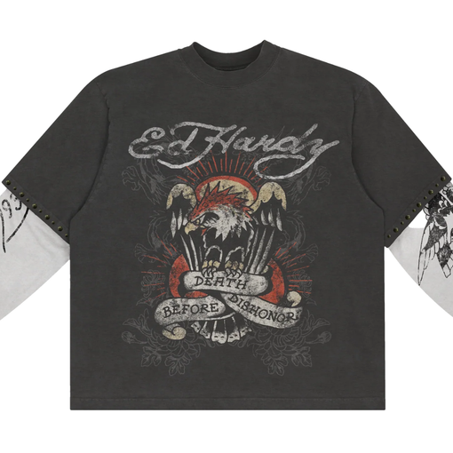 Camiseta Manga Longa Ed Hardy x Matue Death Before Dishonor "Grey" Cinza Estonado