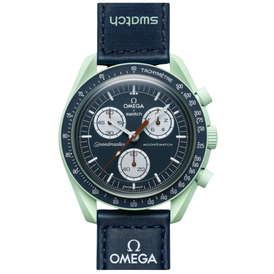 Relógio Swatch x Omega Bioceramic Moonswatch "Mission to Earth" Azul/Verde