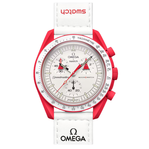 Relógio Swatch x Omega Bioceramic Moonswatch "Mission to Mars" Branco/Vermelho