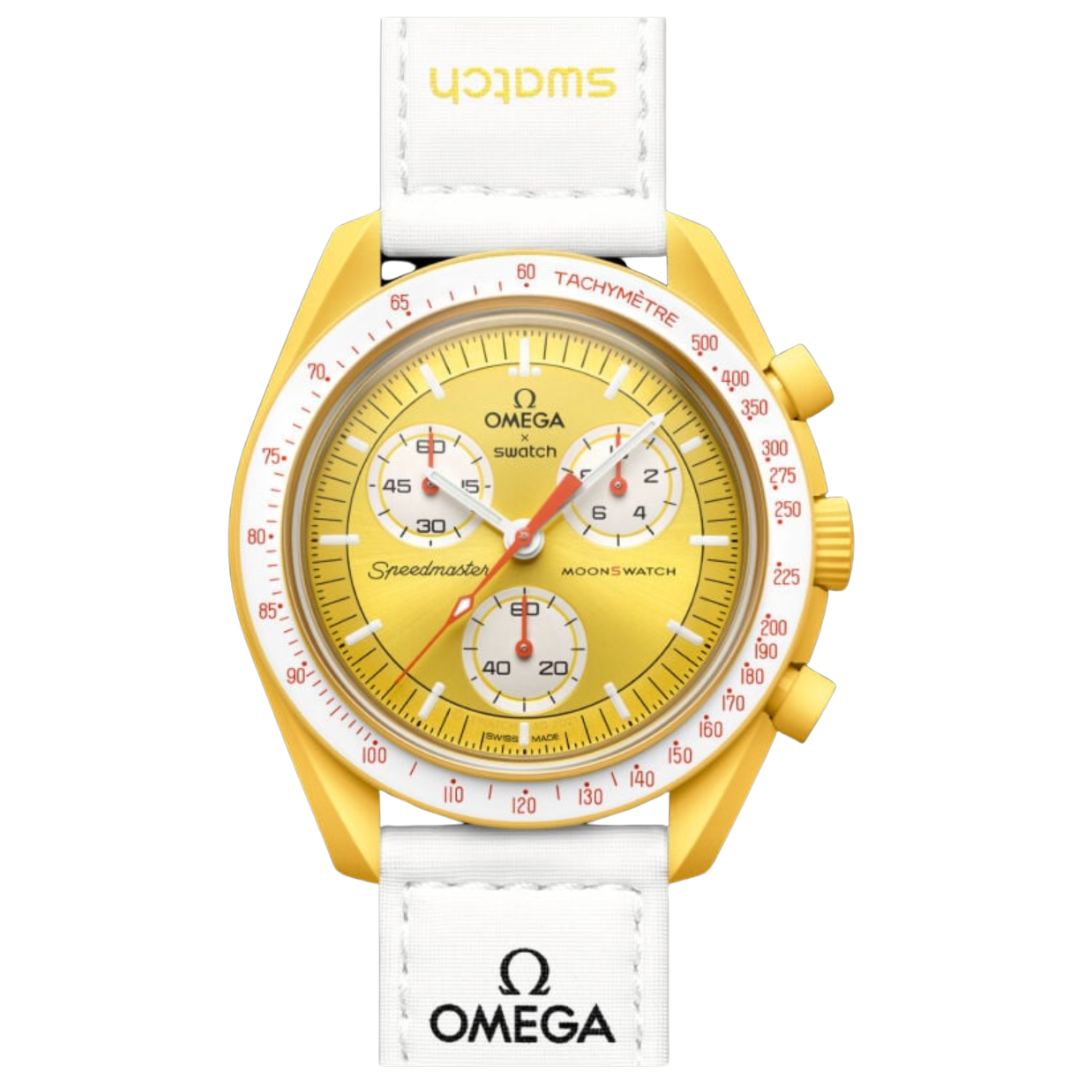 Relógio Swatch x Omega Bioceramic Moonswatch "Mission to the Sun" Branco/Amarelo
