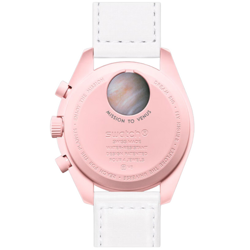 Relógio Swatch x Omega Bioceramic Moonswatch "Mission to Venus" Branco/Rosa