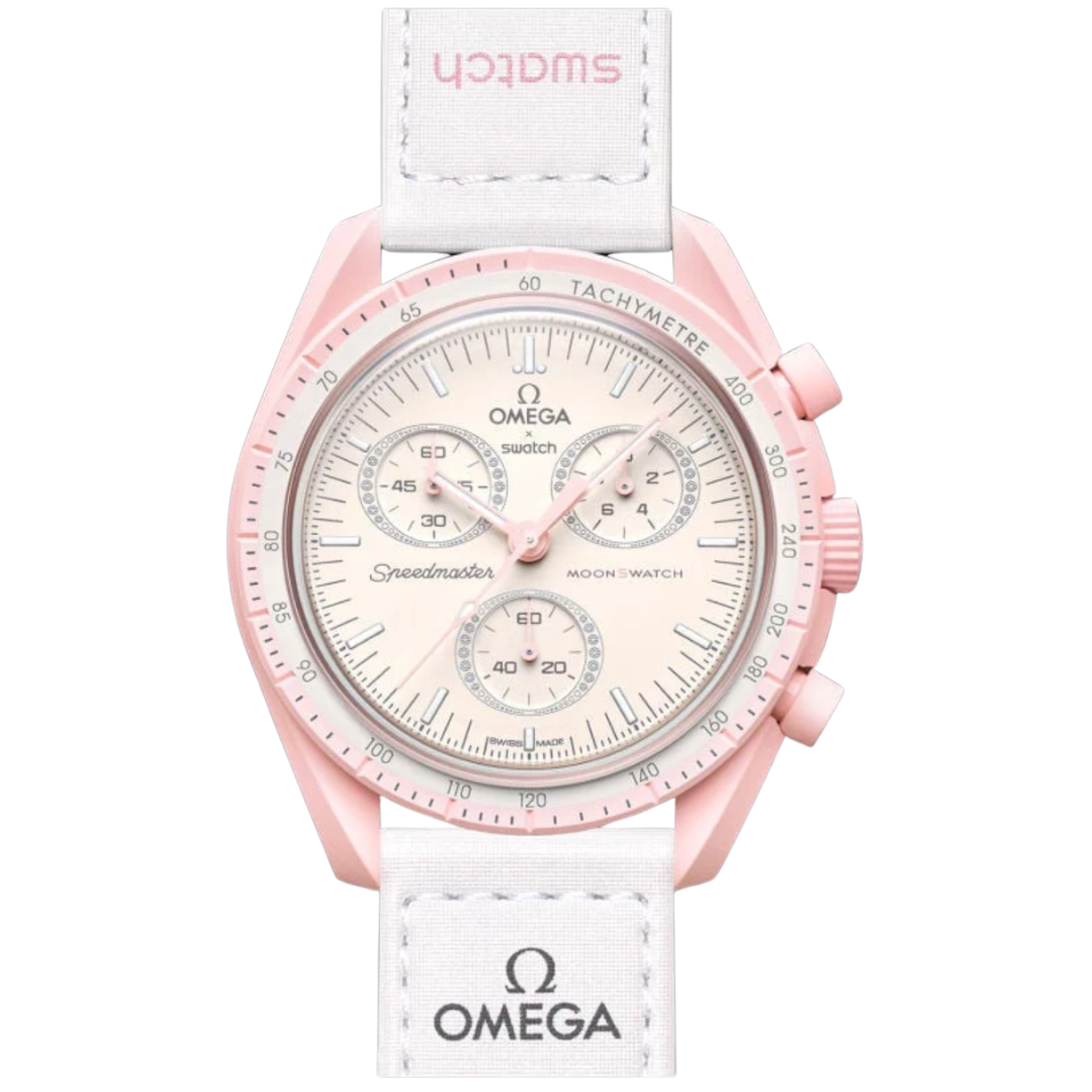 Relógio Swatch x Omega Bioceramic Moonswatch "Mission to Venus" Branco/Rosa