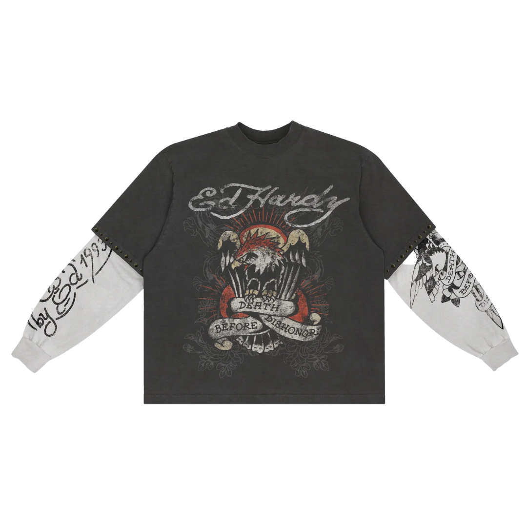Camiseta Manga Longa Ed Hardy x Matue Death Before Dishonor "Grey" Cinza Estonado