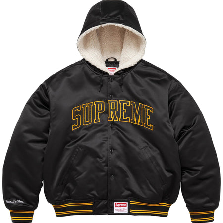 Jaqueta Supreme x Mitchell & Ness Lined Hooded Satin Varsity FW25 "Black" Preto