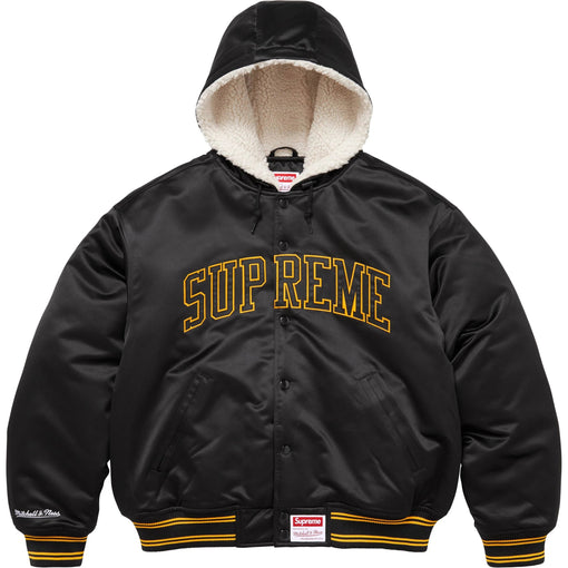 Jaqueta Supreme x Mitchell & Ness Lined Hooded Satin Varsity FW25 "Black" Preto