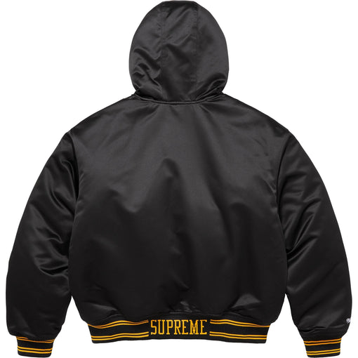 Jaqueta Supreme x Mitchell & Ness Lined Hooded Satin Varsity FW25 "Black" Preto