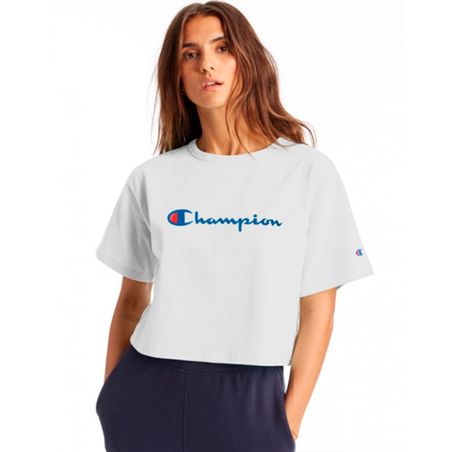 Camiseta Cropped Feminina Champion "Script Logo" Branco