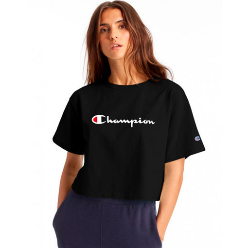 Camiseta Cropped Feminina Champion "Script Logo" Preto